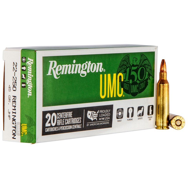 Remington Ammunition 23750 UMC  22250 Rem 45 gr Jacket Hollow Point 20 Per Box 10 Cs