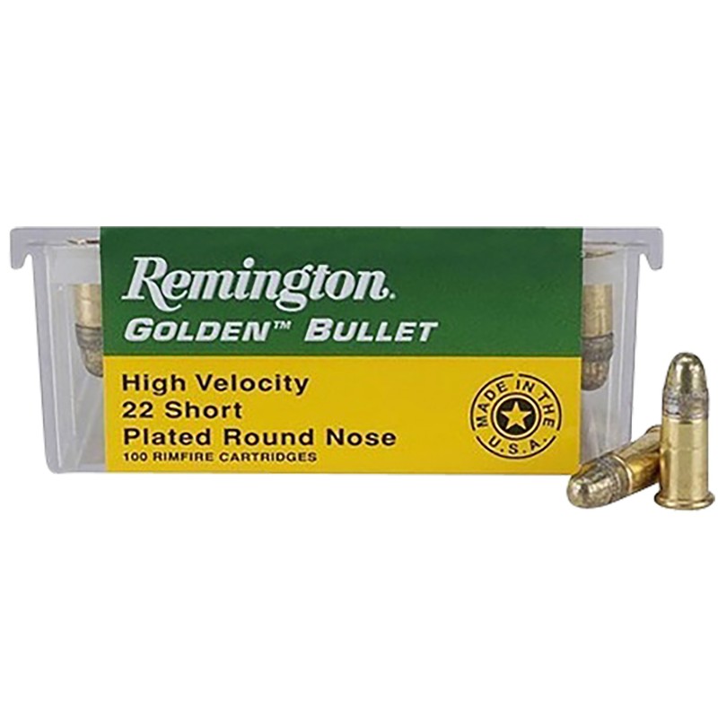 Remington Ammunition 21001 Golden Bullet  22 Short 29 gr Plated Lead Round Nose 100 Per Box 50 Cs