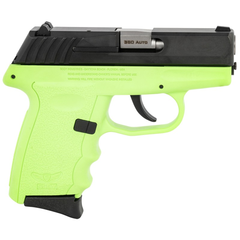 SCCY Industries CPX3CBLG CPX3  380 ACP 101 3.10 Lime Green Polymer Serrated Black Nitride SS Slide Finger Grooved Lime Green Pol