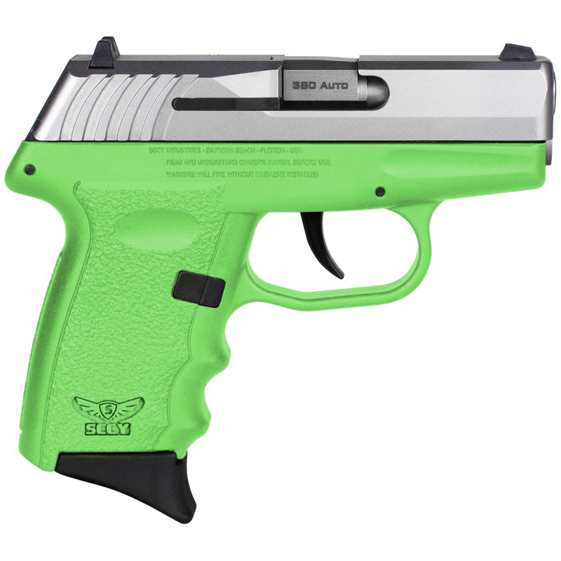 SCCY Industries CPX3TTLG CPX3  380 ACP 101 3.10 Lime Green Polymer Serrated SS Slide Finger Grooved Lime Green Polymer Grip