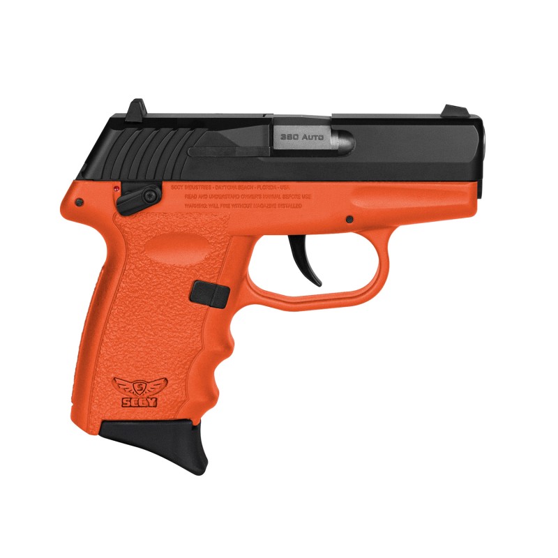 SCCY Industries CPX4CBOR CPX4  380 ACP 101 2.96 Orange Polymer Serrated Black Nitride SS Slide Finger Grooved Orange Polymer Gri