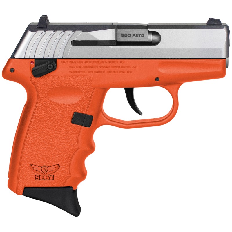 SCCY Industries CPX4TTOR CPX4  380 ACP 101 2.96 Orange Polymer Serrated SS Slide Finger Grooved Orange Polymer Grip