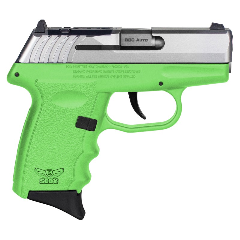 SCCY Industries CPX3TTLGRDRG3 CPX3 RD 380 ACP 101 2.96 Lime Green PolymerSerrated Stainless Steel SlideFinger Grooved Lime Green