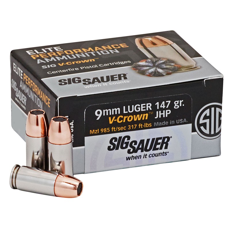 Sig Sauer E9MMA350 Elite Performance  9mm Luger 147 gr V Crown Jacketed Hollow Point 50 Per Box 10 Case