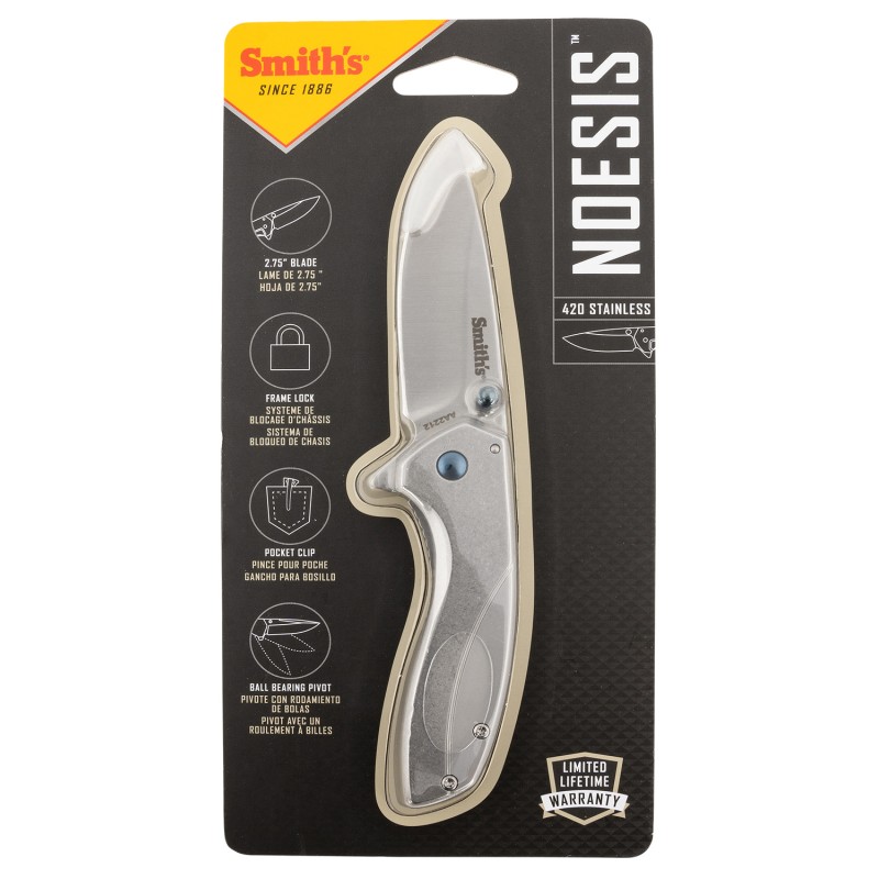 Smiths Products 51245 Noesis  2.75 Folding Drop Point Plain Satin 400 SS BladeBead Blasted Stainless Steel Handle Includes Pocke