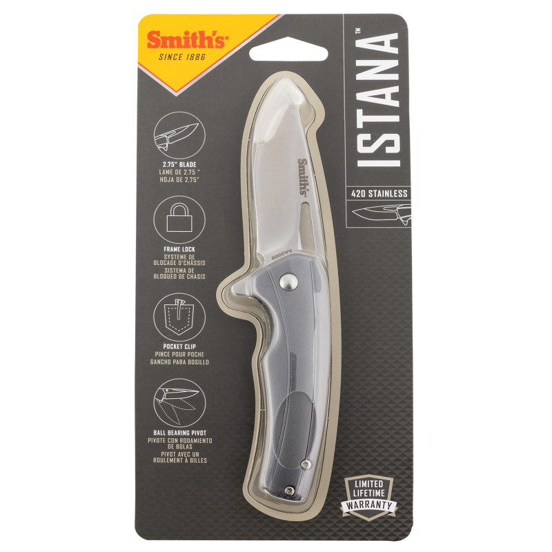 Smiths Products 51246 Istana  2.75 Folding Drop Point Plain Satin 400 SS BladeGray Anodized Aluminum Handle Includes Pocket Clip