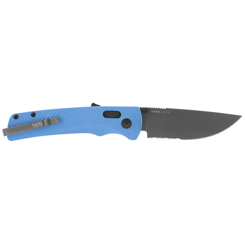 S.O.G SOG11180441 Flash AT 3.45 Folding Part Serrated TiNi Cryo D2 Steel Blade Civic Cyan GRN Handle Includes Pocket Clip