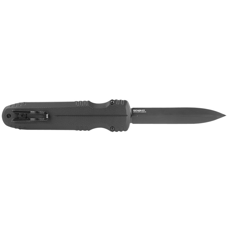 S.O.G SOG15610157 Pentagon Auto 3.79 OTF Spear Point Plain Black TiNi Cryo CPM S35VN Steel Blade Blackout Aluminum Handle Includ