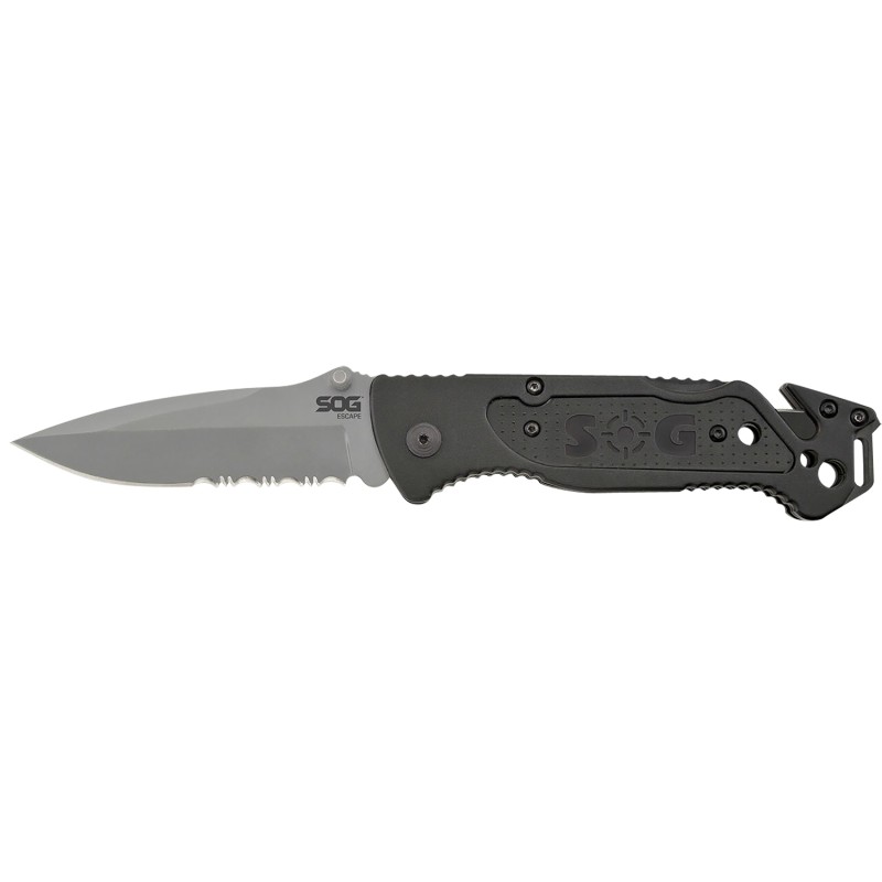 S.O.G SOGFF24CP Escape  3.40 Folding Clip Point Part Serrated Bead Blasted 9Cr18MoV SS Blade Black Anodized Aluminum Handle Incl