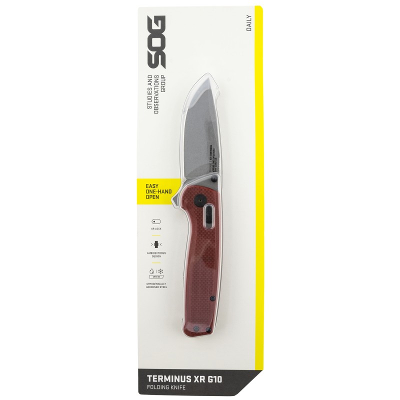 S.O.G SOGTM1023CP Terminus XR 2.95 Folding Clip Point Plain Stonewashed D2 Steel Blade Crimson Textured G10 Handle Includes Pock