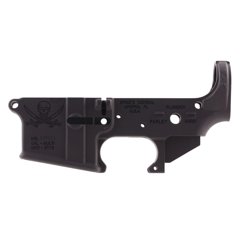 Spikes STLS016 Calico Jack Stripped Lower Receiver MultiCaliber 7075T6 Aluminum Black Anodized for AR15