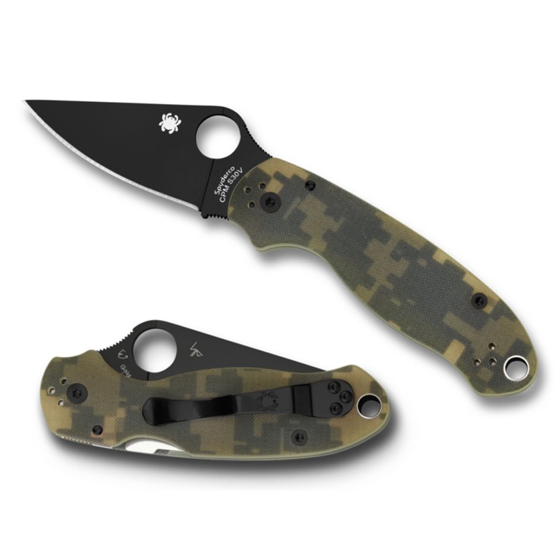 Spyderco C223GPCMOBK Para 3  2.95 Folding Drop Point Plain Black DLC CPM S30V SS Blade Camo G10 Handle Includes Pocket Clip