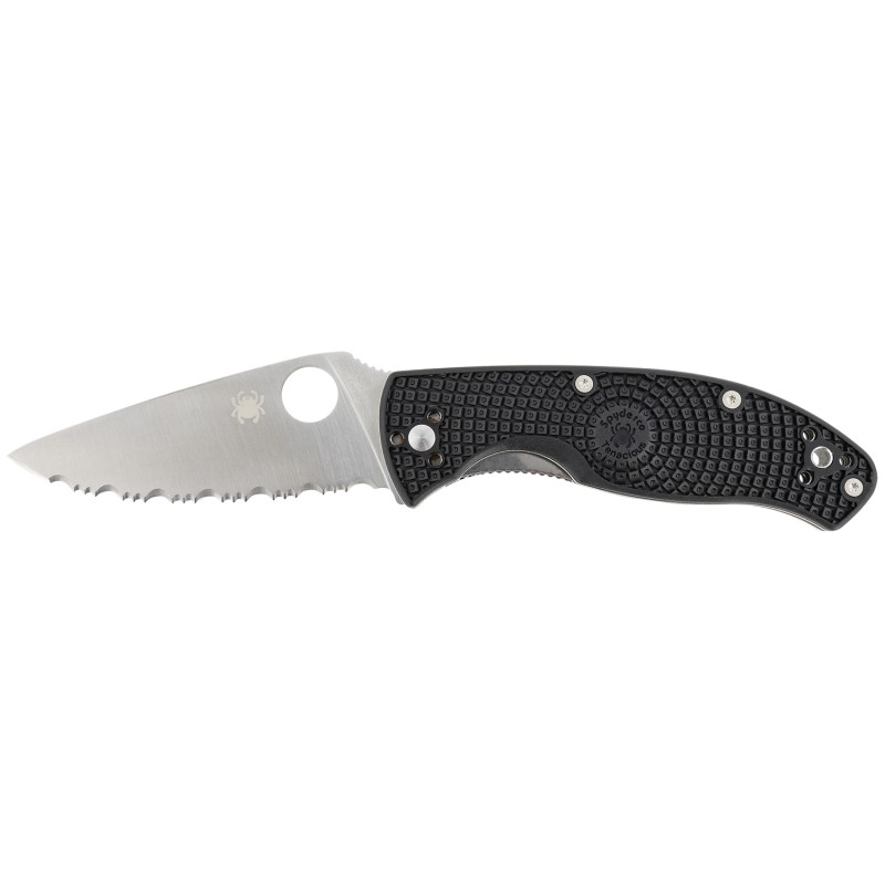 Spyderco C122SBK Tenacious Lightweight 3.39 Folding Drop Point Serrated 8Cr13MoV SS Blade Black BiDirectional Texturing FRN Hand