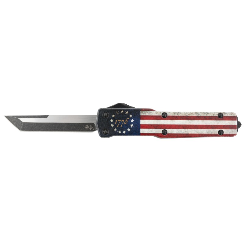 Templar Knife MZBRF221 Premium Weighted Slim 3.16 OTF Tanto Plain Black Oxide Stonewashed Powdered D2 Steel Blade4.93 Betsy Ross