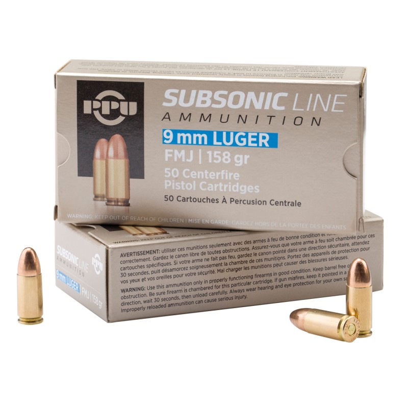 PPU PPS9MM Subsonic  9mm Luger Subsonic 158 gr Full Metal Jacket 50 Per Box 20 Case