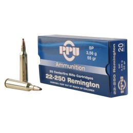 PPU PP22250 Standard Rifle  22250 Rem 55 gr Soft Point 20 Per Box 10 Case