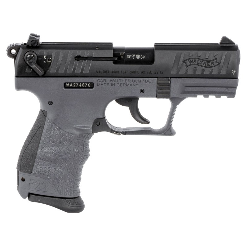 Walther Arms 5120365 P22 CA Compliant 22 LR 3.42 101 Tungsten Gray Polymer Frame Black Steel Slide Black Polymer Grip