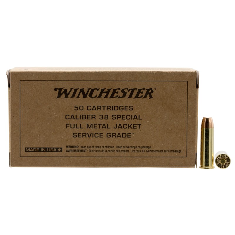 Winchester Ammo SG38W Service Grade  38 Special 130 gr Full Metal Jacket Flat Nose 50 Per Box 10 Case