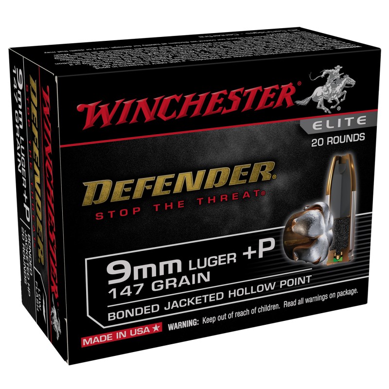 Winchester Ammo S9MMPDB2 Defender  9mm Luger P 147 gr Bonded Jacket Hollow Point 20 Per Box 10 Case