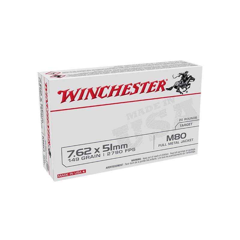 Winchester Ammo WM80 USA M80 7.62x51mm NATO 149 gr Full Metal Jacket Lead Core 20 Per Box 25 Case