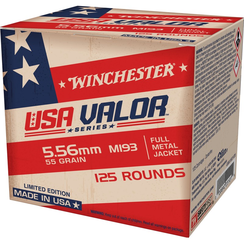 Winchester Ammo USA193125 USA Valor M193 5.56x45mm NATO 55 gr Full Metal Jacket 125 Per Box 10 Case