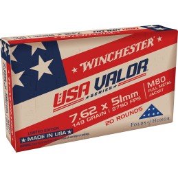 Winchester Ammo USAVM80X USA Valor M80 7.62x51mm NATO 149 gr Full Metal Jacket 20 Per Box 25 Case