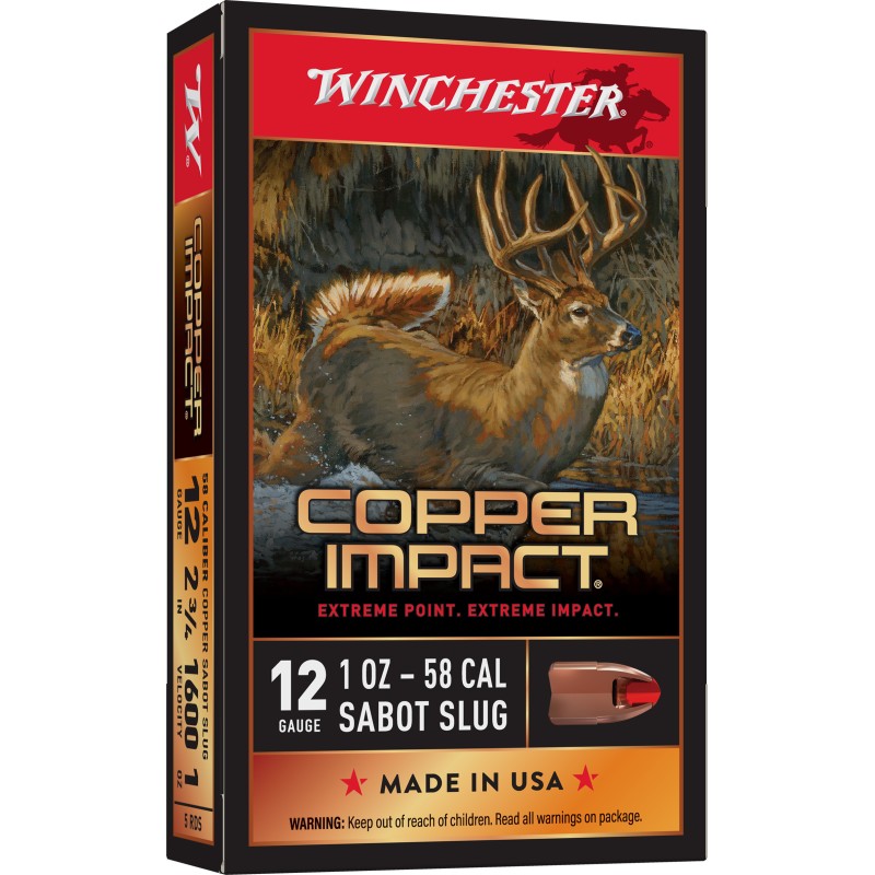 Winchester Ammo X12CLF Copper Impact  12 Gauge 2.75 1 oz Sabot Slug Shot 5 Per Box 20 Case