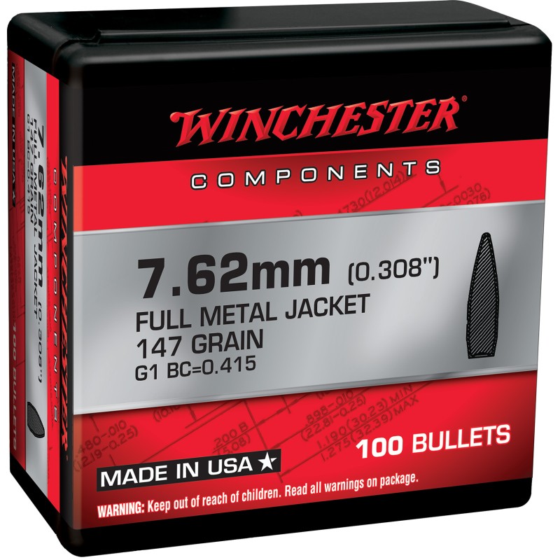 Winchester Ammo WB762M147X Centerfire Rifle  7.62mm .308 147 gr Full Metal Jacket Boat Tail 100 Per Box 10 Case