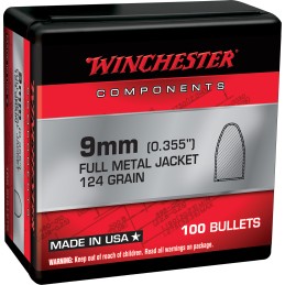 Winchester Ammo WB9MC124X Centerfire Handgun Reloading 9mm .355 124 gr Full Metal Jacket 100 Per Box 10 Case