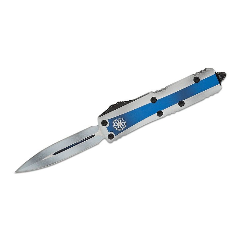 Microtech 232-1CO Clone Trooper UTX-85 AUTO OTF Knife 3" White Double Edge Dagger Blade, Blue and White Aluminum Handles