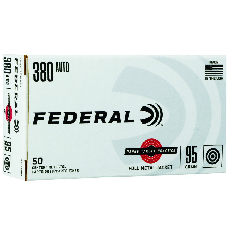 Federal RTP38095 Range  Target  380 ACP 95 gr Full Metal Jacket 50 Per Box20 Case