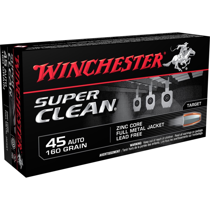 Winchester Ammo W45LF Super Clean  45 ACP 160 gr Lead Free Full Metal Jacket 50 Per Box 10 Case