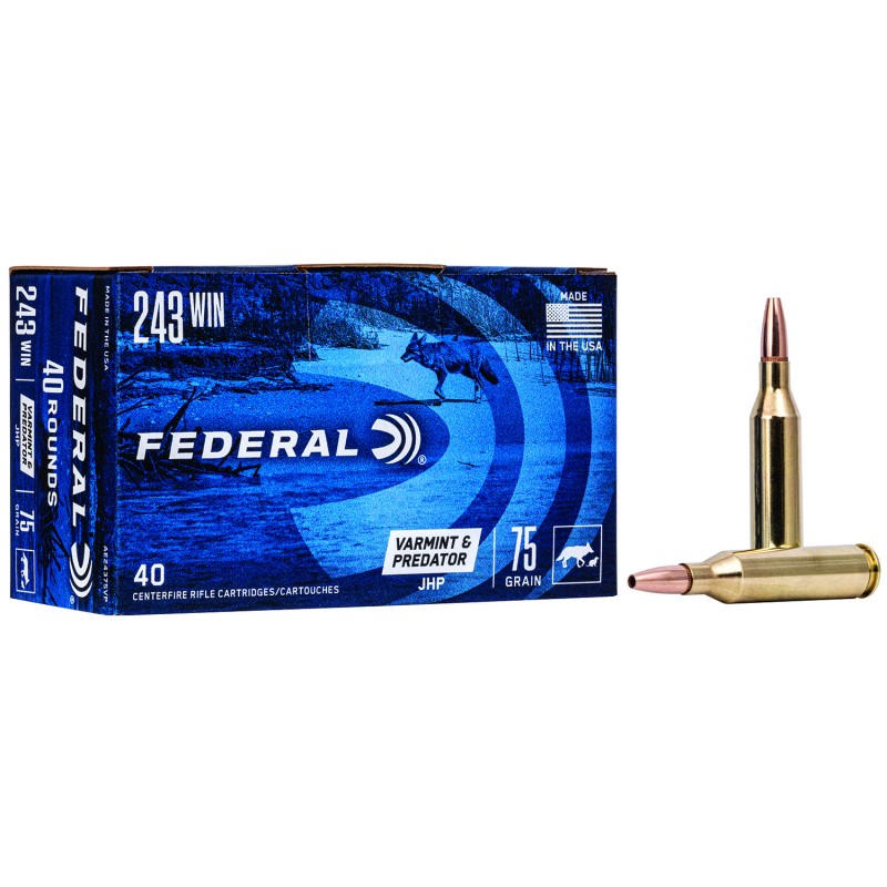 Federal AE24375VP American Eagle Varmint  Predator 243 Win 75 gr Jacketed Hollow Point 40 Per Box 5 Case