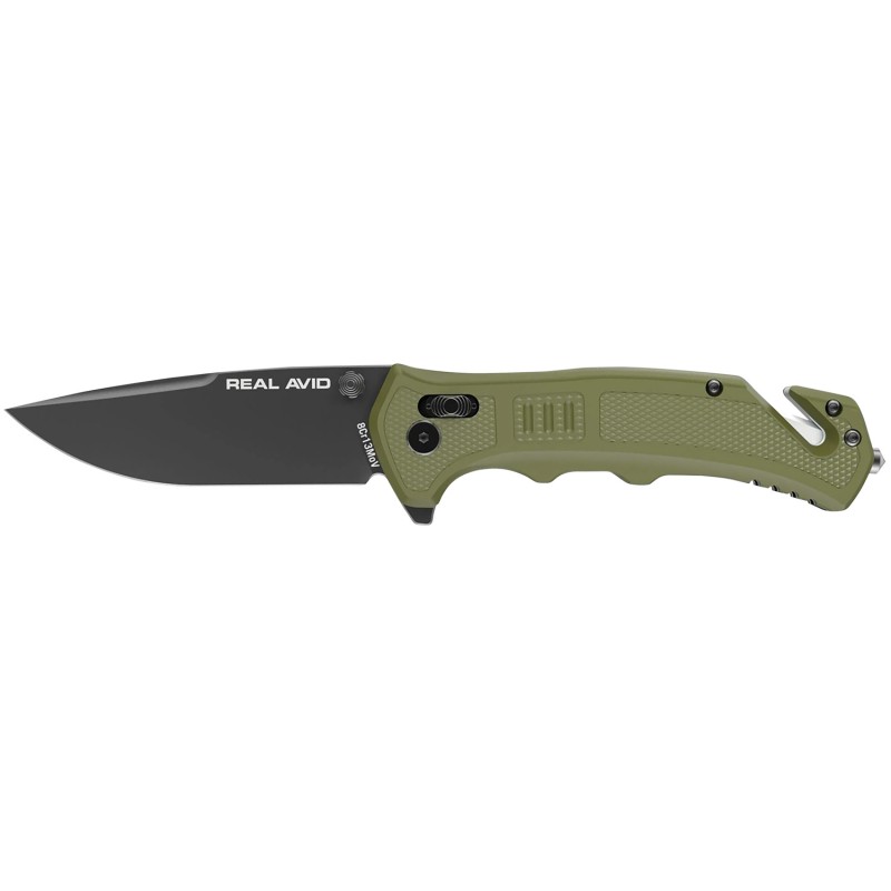 Real Avid AVRAV4 RAV4  3.25 Folding Drop Point Plain Black Oxide 8Cr13MoV SS Blade OD Green Textured GFN Handle Clamshell Pkg