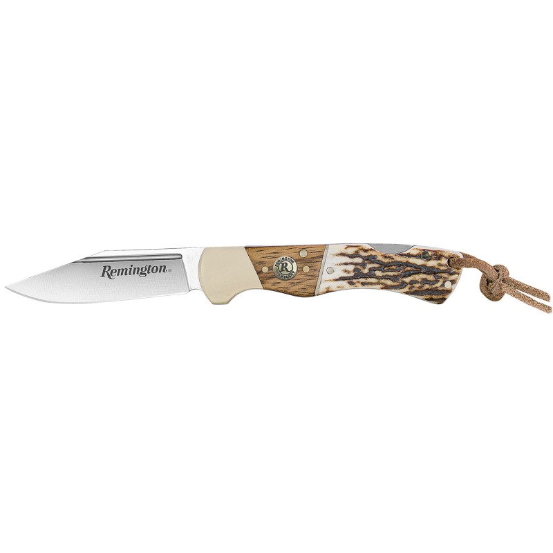 Remington Accessories 15654 Guide Lock Back 4.00 Folding VFlat Stainless Steel Blade Stag Bone Handle wRemington Shield Nickle S