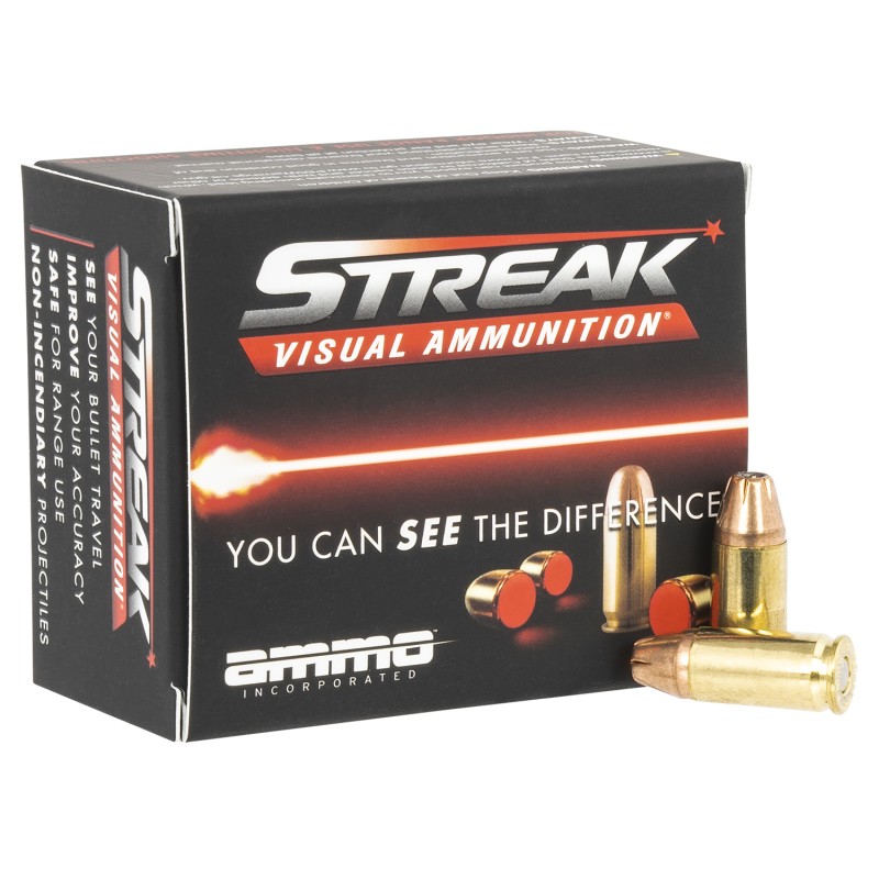 Ammo Inc 9115JHPSTRKRED Streak Visual RED  9mm Luger 115gr Jacketed Hollow Point 20 Per Box10 Case