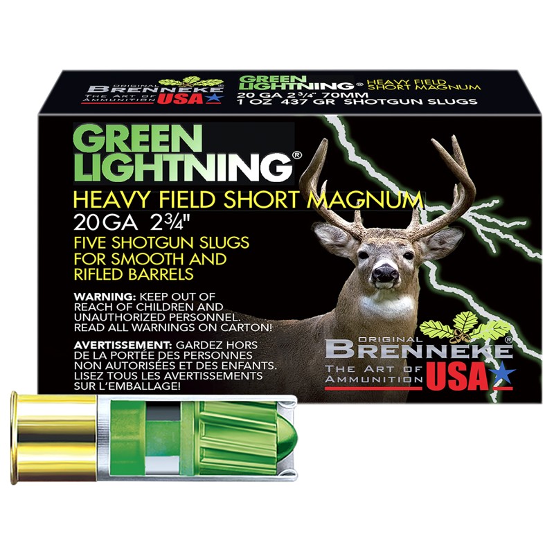 Brenneke SL202HFSGL Green Lightning Heavy Field Short Magnum 20Gauge 2.75 1oz Slug Shot 5 Per Box50 Case