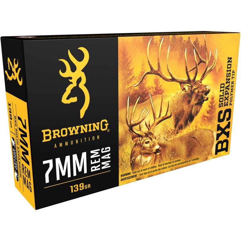 Browning Ammo B192400071 BXS Copper Expansion 7mmRem Mag 139gr Lead Free Solid Expansion Polymer Tip 20 Per Box10 Case