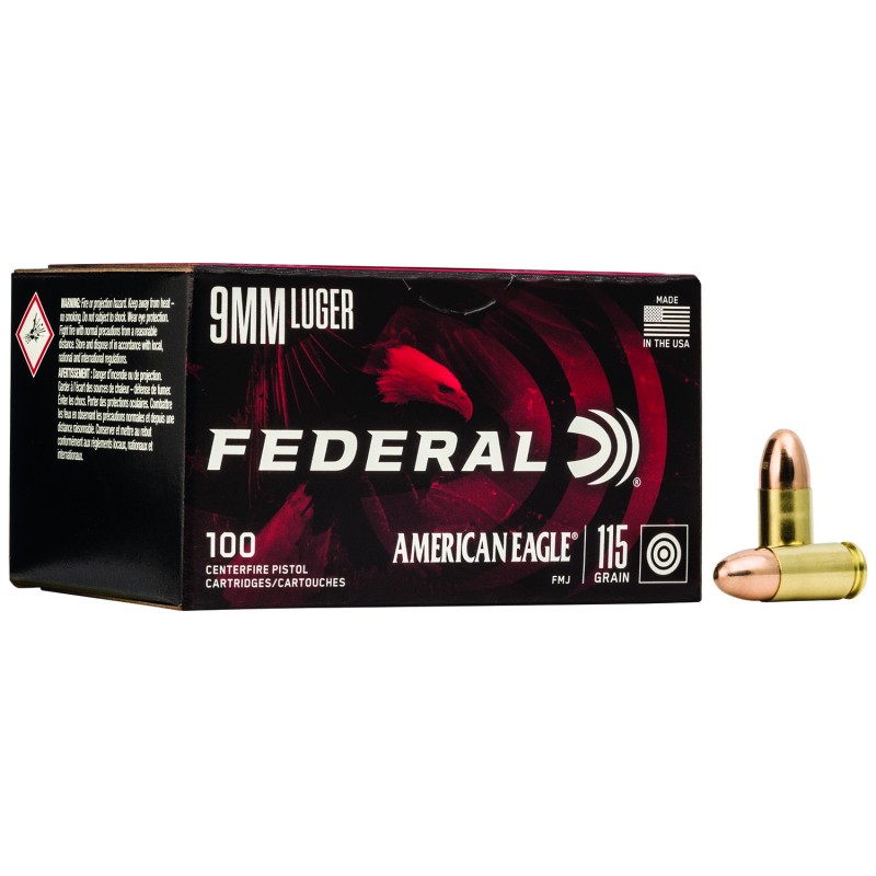 Federal AE9DP100 American Eagle Handgun 9mmLuger 115gr Full Metal Jacket 100 Per Box5 Case