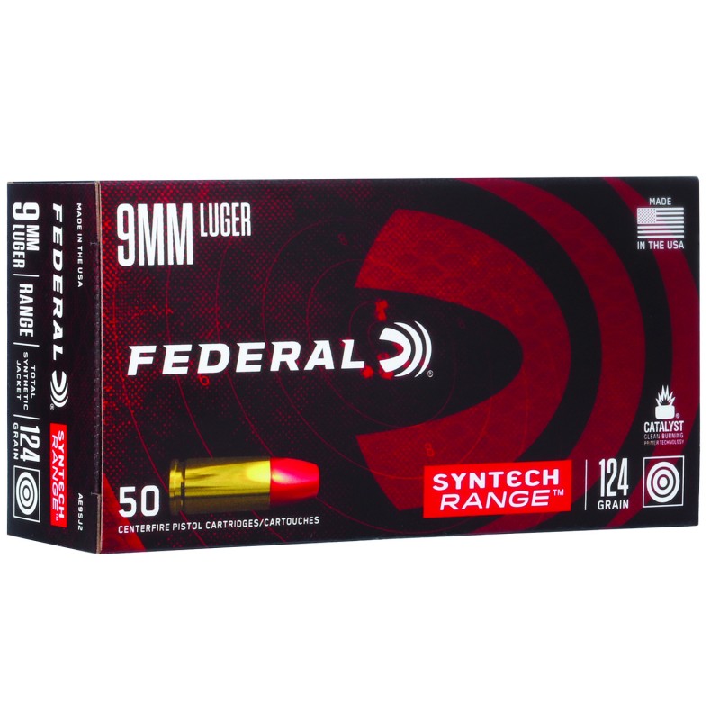 Federal AE9SJ2 American Eagle Syntech Range  9mmLuger 124gr Total Syntech Jacket Flat Nose 50 Per Box10 Case