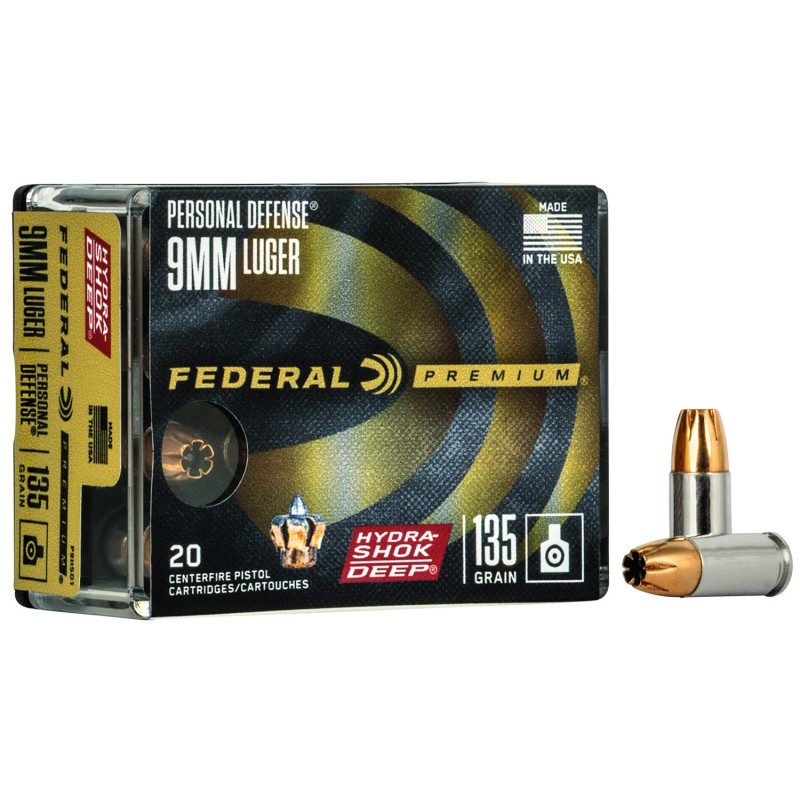 Federal P9HSD1 Premium Personal Defense 9mmLuger 135gr HydraShok Deep Hollow Point 20 Per Box10 Case