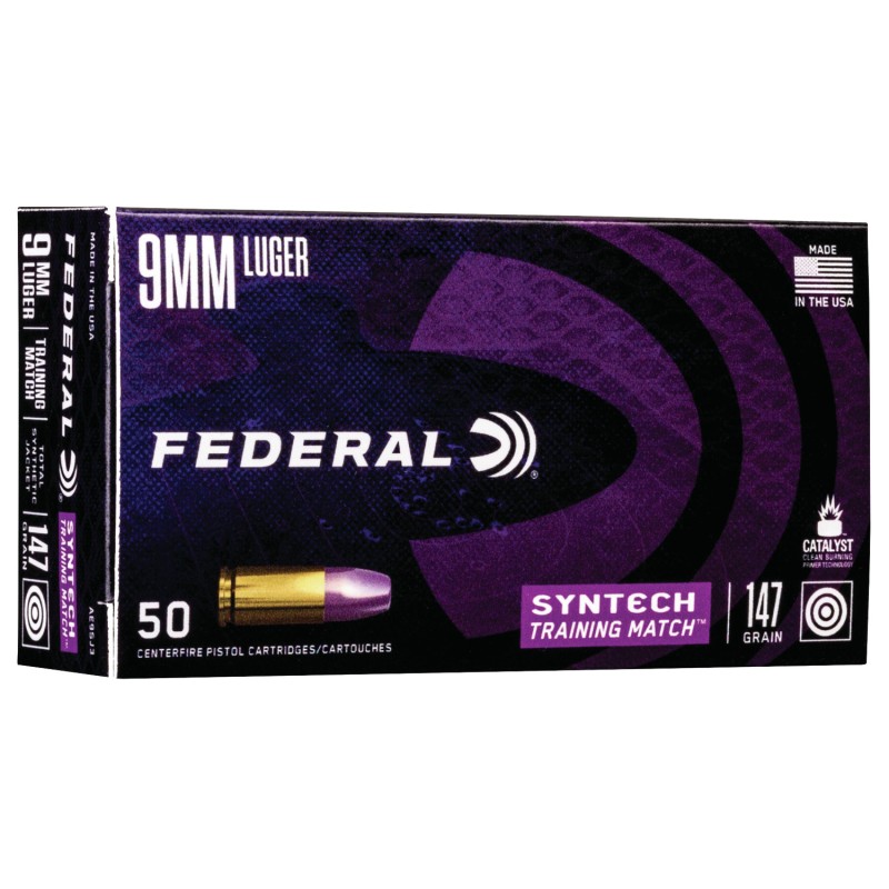 Federal AE9SJ3 Syntech Training Match 9mmLuger 147gr Total Syntech Jacket Flat Nose 50 Per Box10 Case