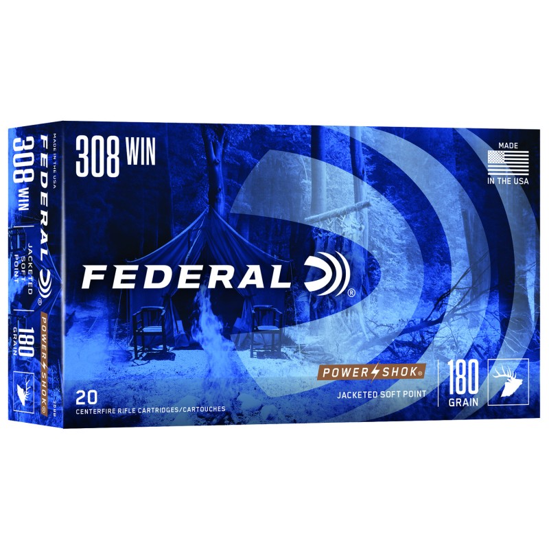 Federal 308B PowerShok  308Win 180gr Jacketed Soft Point 20 Per Box10 Case