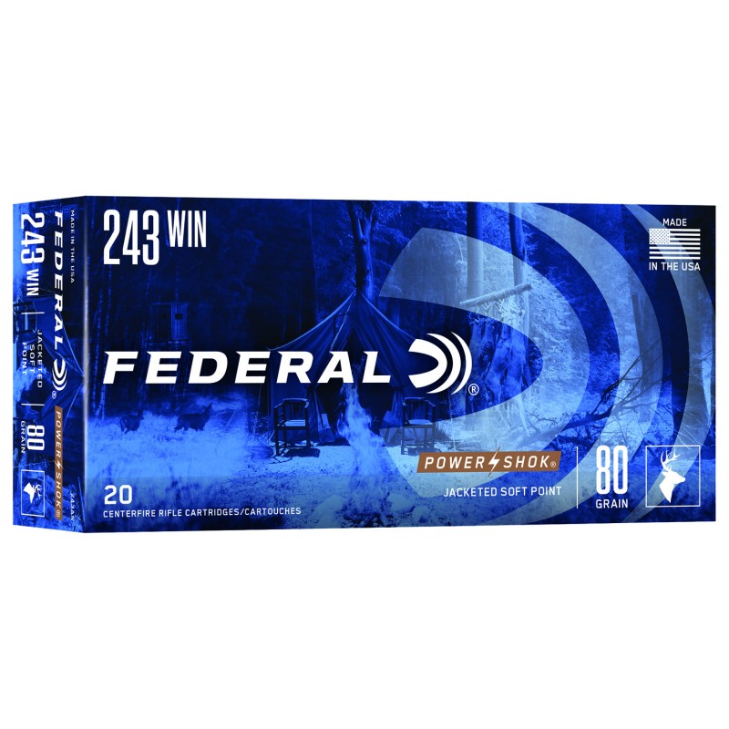 Federal 243AS PowerShok  243Win 80gr Jacketed Soft Point 20 Per Box10 Case