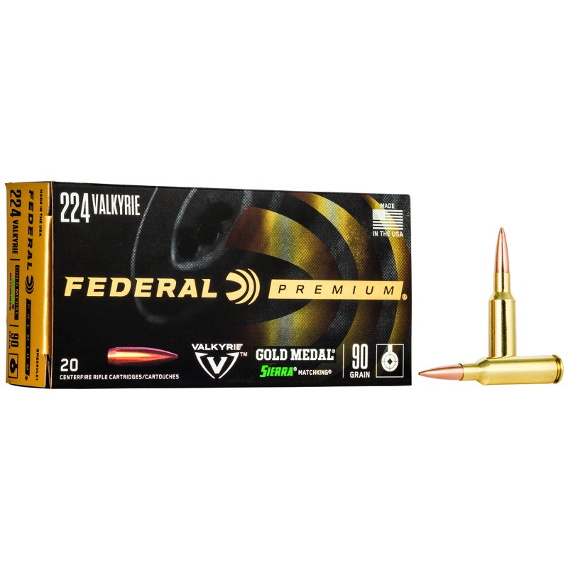 Federal GM224VLK1 Premium Gold Medal 224Valkyrie 90gr Sierra MatchKing BTHP 20 Per Box10 Case