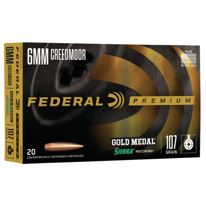 Federal GM6CRDM1 Premium Gold Medal 6mmCreedmoor 107gr Sierra MatchKing BTHP 20 Per Box10 Case