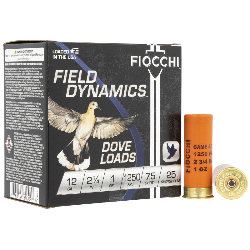 Fiocchi 12GT75 Field Dynamics Dove  Quail 12Gauge 2.75 1oz 7.5Shot 25 Per Box10 Case