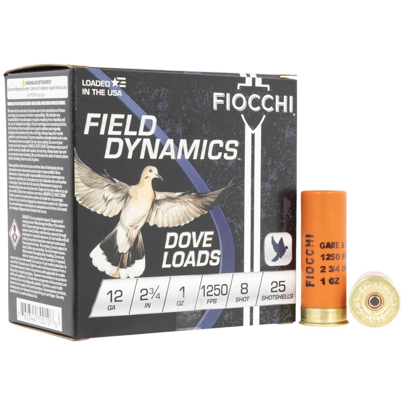 Fiocchi 12GT8 Field Dynamics Dove  Quail 12Gauge 2.75 1oz 8Shot 25 Per Box10 Case