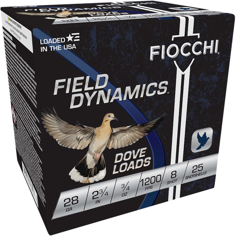 Fiocchi 28GT8 Field Dynamics Dove  Quail 28Gauge 2.75 34oz 8Shot 25 Per Box10 Case