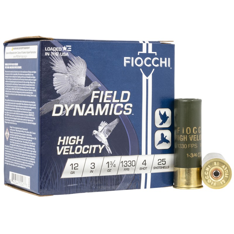 Fiocchi 123HV4 Field Dynamics High Velocity 12Gauge 3 1 34oz 4Shot 25 Per Box10 Case